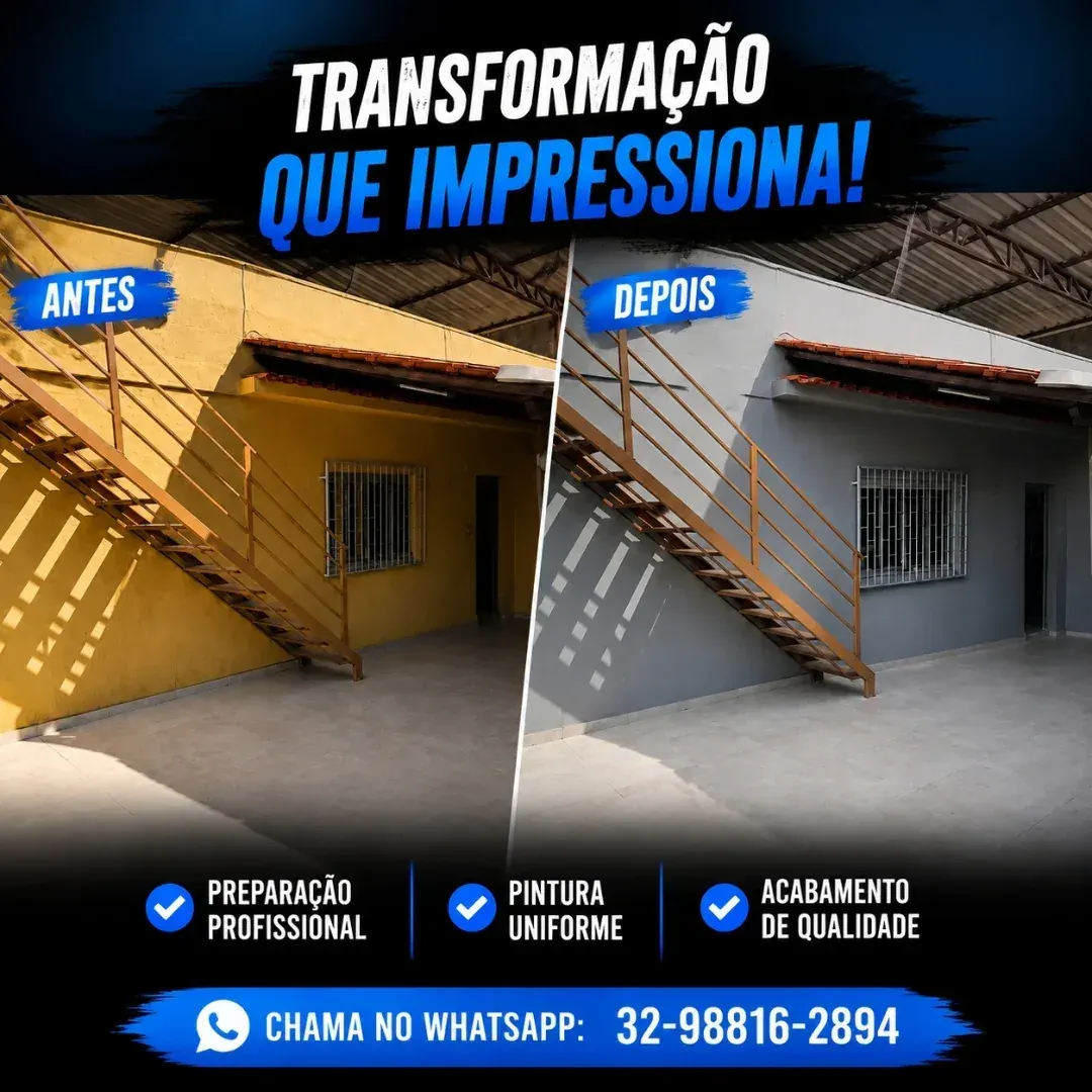 Área externa com escada repintada. Área coberta com parede amarelada e desgaste. Repintura em cinza, com a estrutura da escada e o beiral preservados.