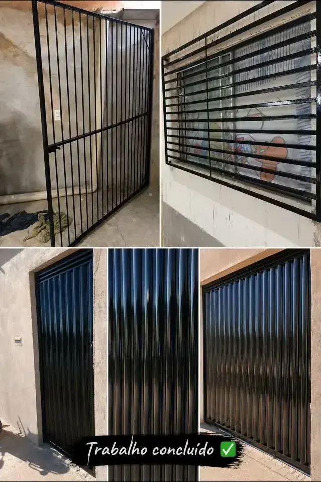 Pintura de grades e portão em metal. Gradil de janela e portão de chapa em esmalte preto, com o acabamento uniforme nas duas faces.