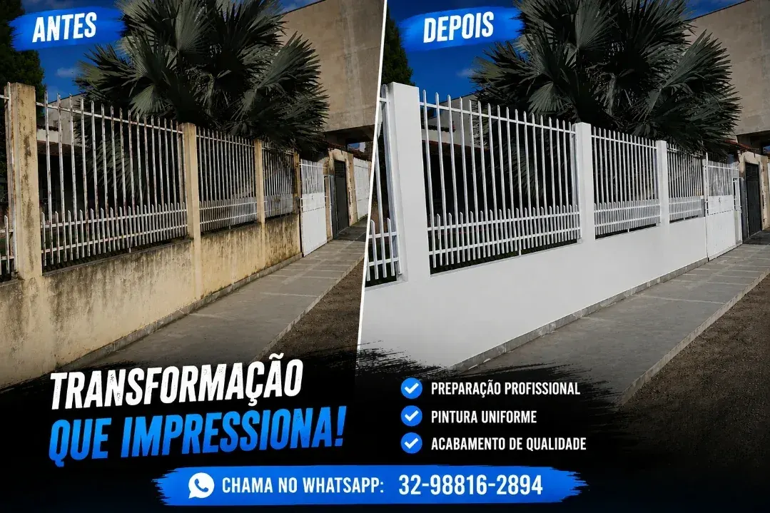 Muro e gradil externo repintados. Muro com manchas de tempo e gradil encardido. Preparo da superfície e repintura em branco, incluindo o gradil metálico.