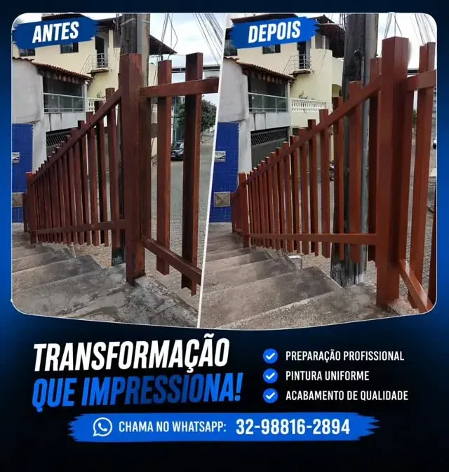 Portão de madeira tratado. Portão e guarda-corpo de madeira com tratamento e acabamento, mantendo o tom natural da peça.