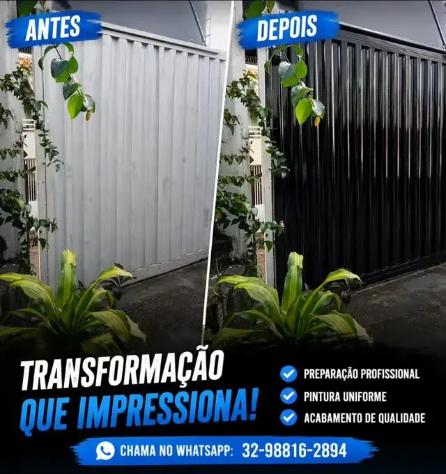 Portão ondulado repintado. Portão de chapa ondulada branco encardido, repintado em preto com acabamento uniforme entre as ondas.
